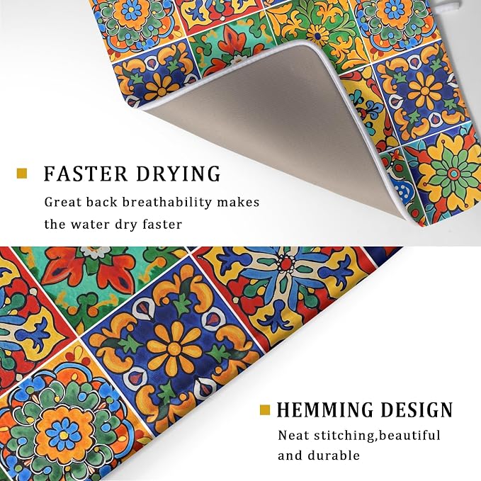 Mexican Tiles Dish Drying Mat for Kitchen Counter Absorbent Microfiber Dish - Image 3