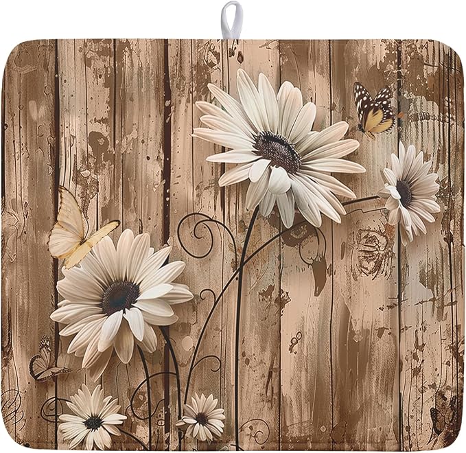 Summer Daisy Flowers Dish Drying Mat by Kawani