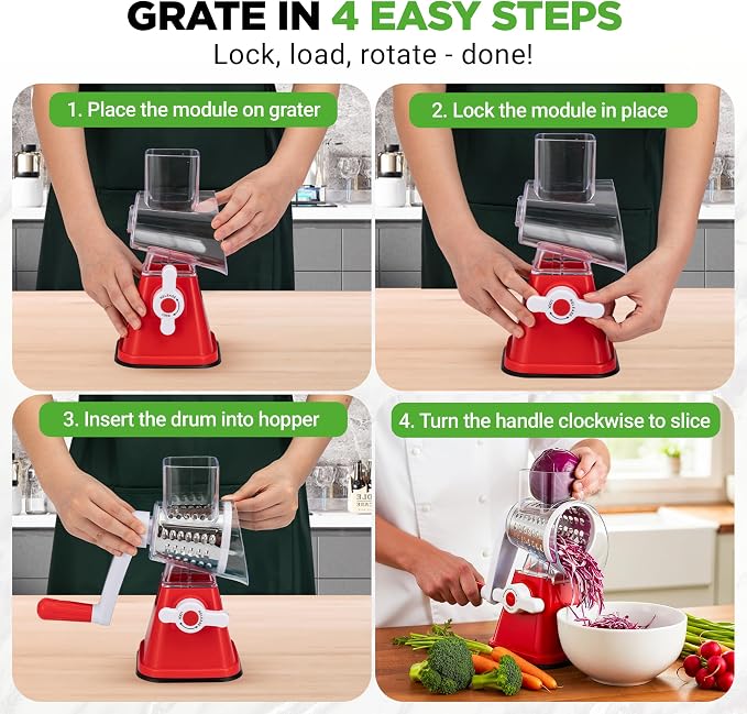 Nutrichef 3 in 1 Cheese Grater & Shredder | Strong Suction Base, Rotary Handle - Image 2
