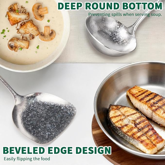 Newness Soup Ladle and Solid Turner, Resilient Pure Titanium Soup Spoon and - Image 5