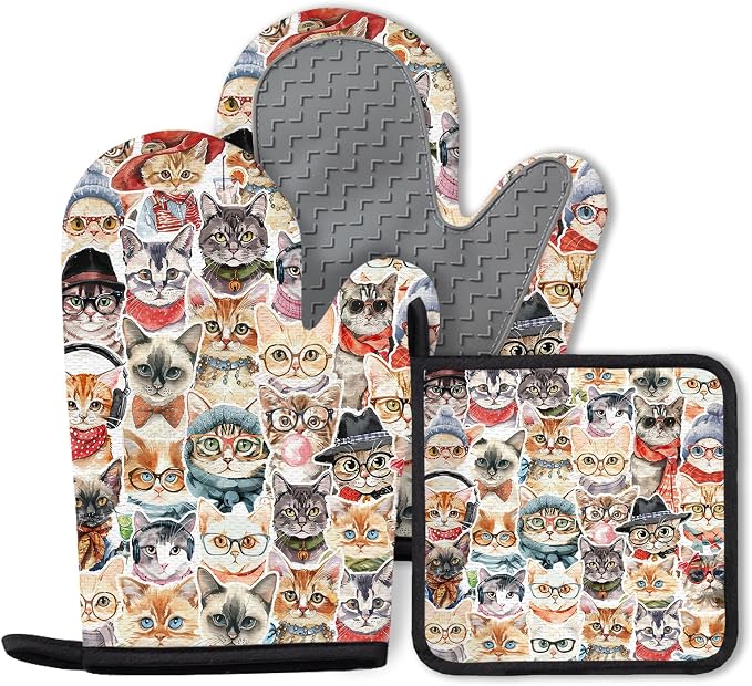 Cute Cat Oven Mitts and Pot Holders Sets 3PCS, Cat Silicone Heat Resistant Oven by Unknown