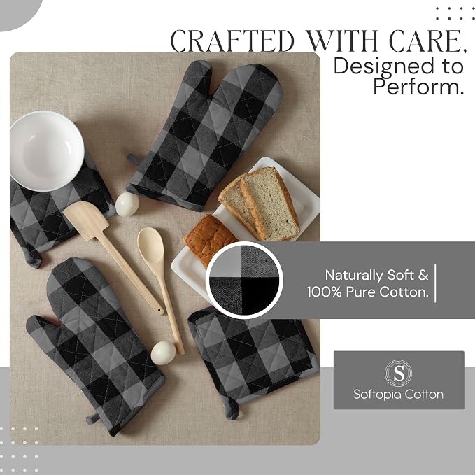 Buffalo Plaid Check Oven Mitts and Pot Holders Set, 100% Cotton, Heat Resistant - Image 4
