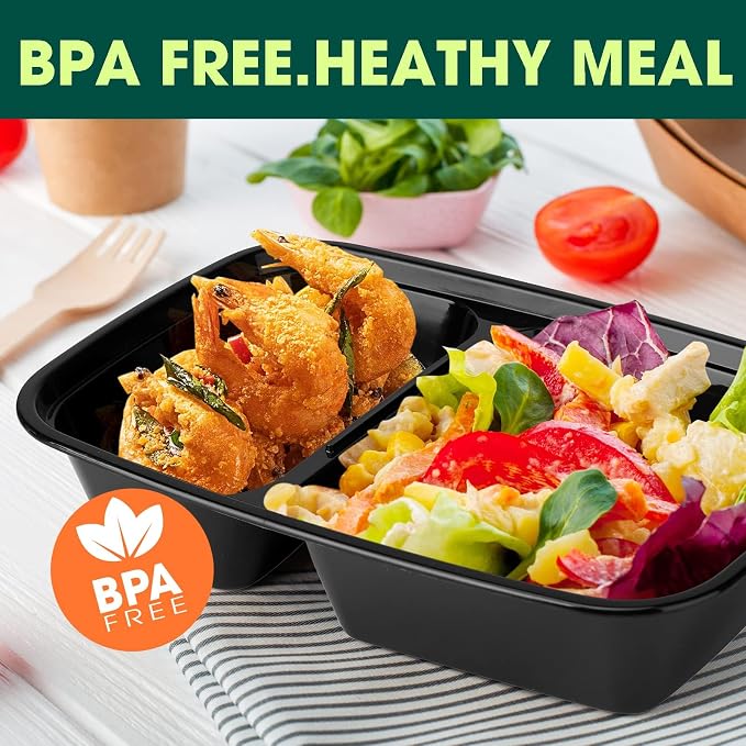 Glotoch Express 300 Pack 32oz Black 2 Compartment Square Meal Prep Containers - Image 2