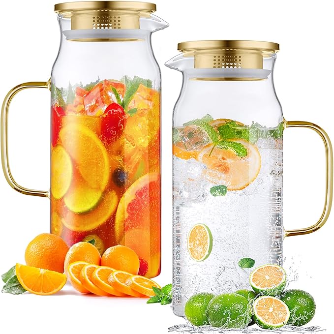 Bivvclaz 2 Pack 2 Liter 68 oz 2.1 Qt Gold Glass Pitcher by Bivvclaz
