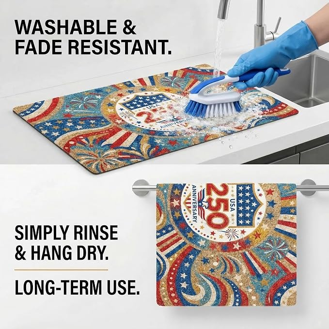 250th Anniversary USA Patriotic Dish Drying Mat 12x20 Absorbent Non-Slip - Image 7