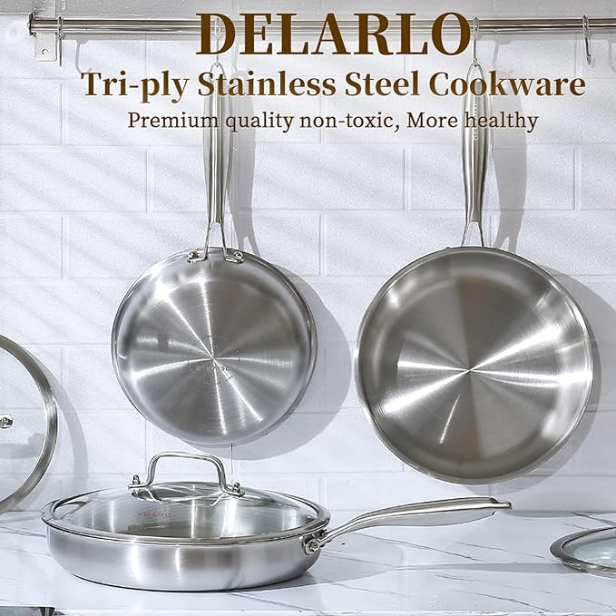 DELARLO Tri-Ply Stainless Steel Pan, 18/10 Frying Pan, Oven Safe Up to 600°F - Image 6