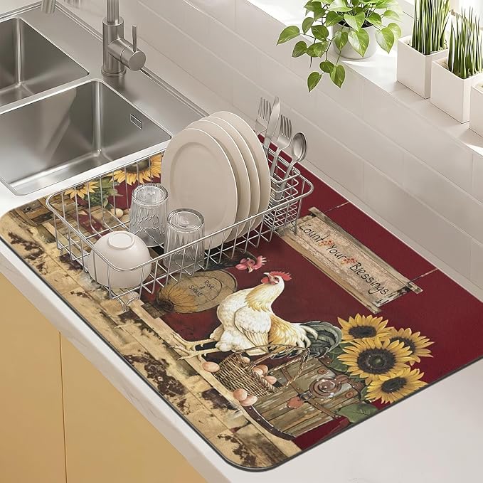 Kitchen Countertop Dish Drying Mat, Super Absorbent Coffee Bar Mat by Kuyig+Home