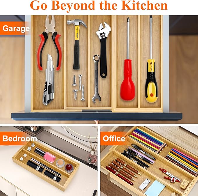 Large Bamboo Silverware Drawer Organizer Tray Kitchen Tool Drawer Divider - Image 3