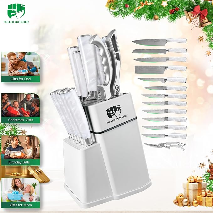FULLHI 14pcs Block Knife Set, Chef's Knife Steak Knives Set - Image 8