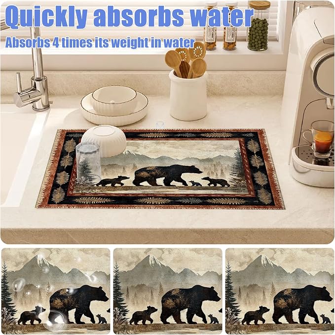 Rustic Bear Dish Drying Mat for Kitchen Counter Wild Animals Drying Pad - Image 4