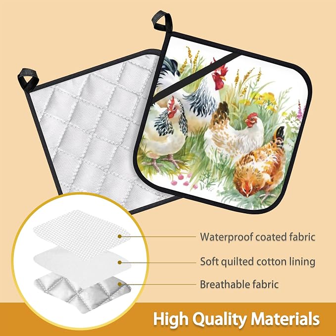 Chicken Rooster Farm Pot Holder Set of 2, Heat Resistant Potholders Oven Hot - Image 3