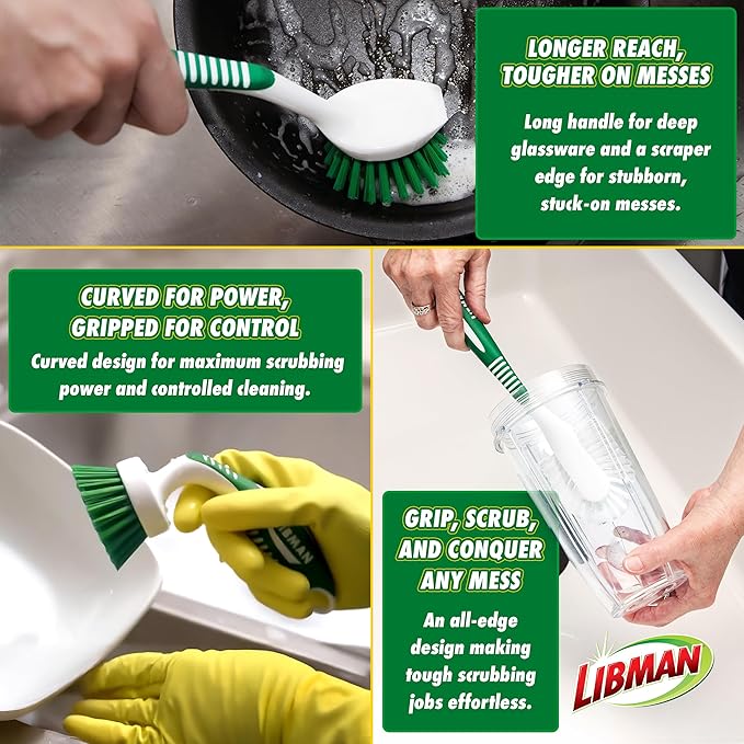 Libman Green & White Cleaning Brush Kit, 3-Piece Set, All-Purpose Brushes - Image 3