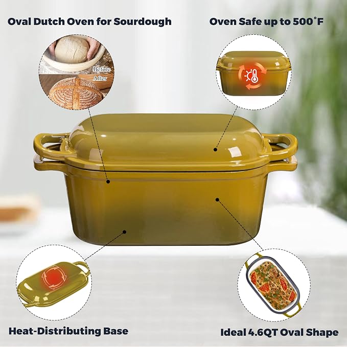4.6 Quart Dutch Oven for Bread Baking, Combo Oval Enameled Cast Iron Bread Pan - Image 5