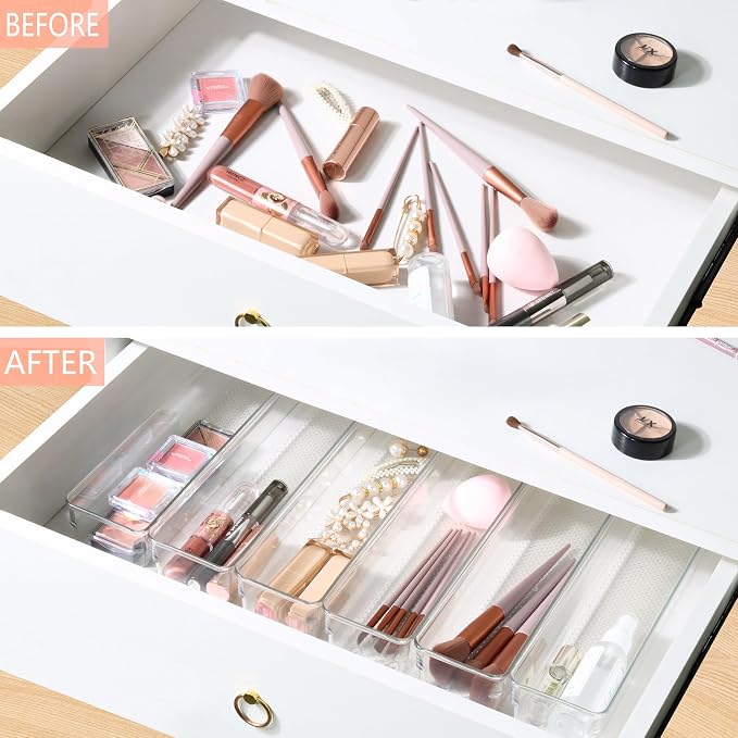 6 Set Clear Plastic Junk Drawer Organizer Vanity Curlery Utensil Makeups - Image 3