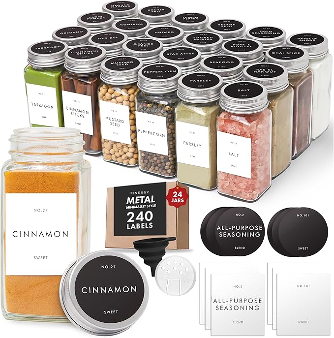 Glass Spice Jars with Labels with Metal Lids and Shakers Minimalist 24 Pack Set by Finessy