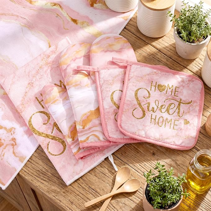 Bencailor Light Pink 6 Pcs Marble Kitchen Decor Gold Pot Holders Oven Mitts 2 - Image 7