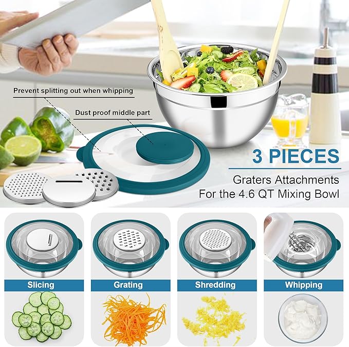E-far Mixing Bowls with Lids and Graters, Stainless Steel Salad Mixing Bowl - Image 3