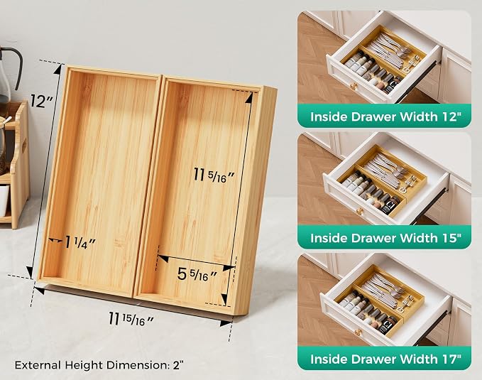 Bamboo Kitchen Drawer Organizer Boxes – 12" x 6" Stackable Wood Silverware - Image 2