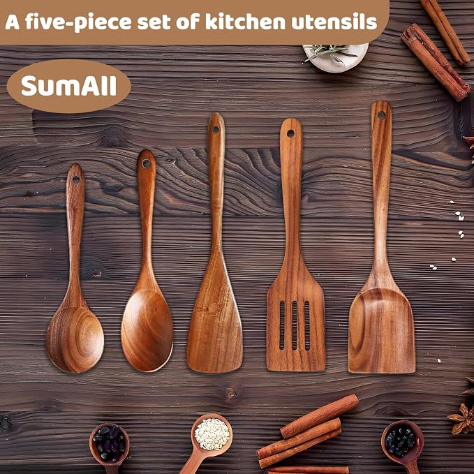 5 PCs Teak Wooden Utensil Set - Image 2