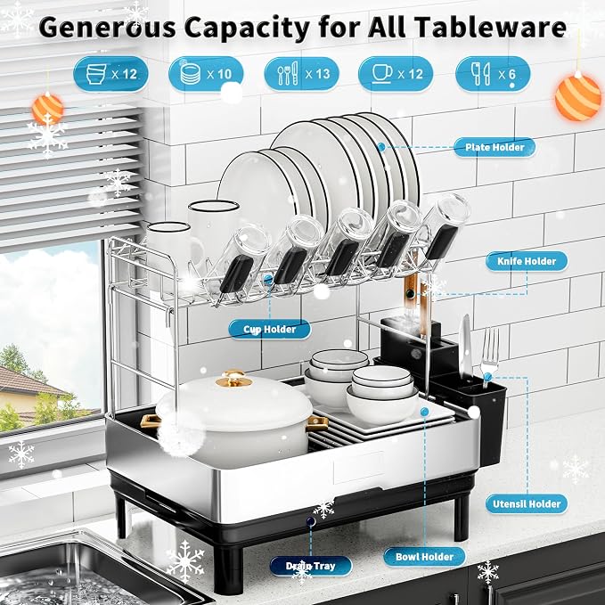 Ewaiira Dish Drying Rack, 2 Tier Large Dish Rack, Stainless Steel Dish Drainer - Image 8
