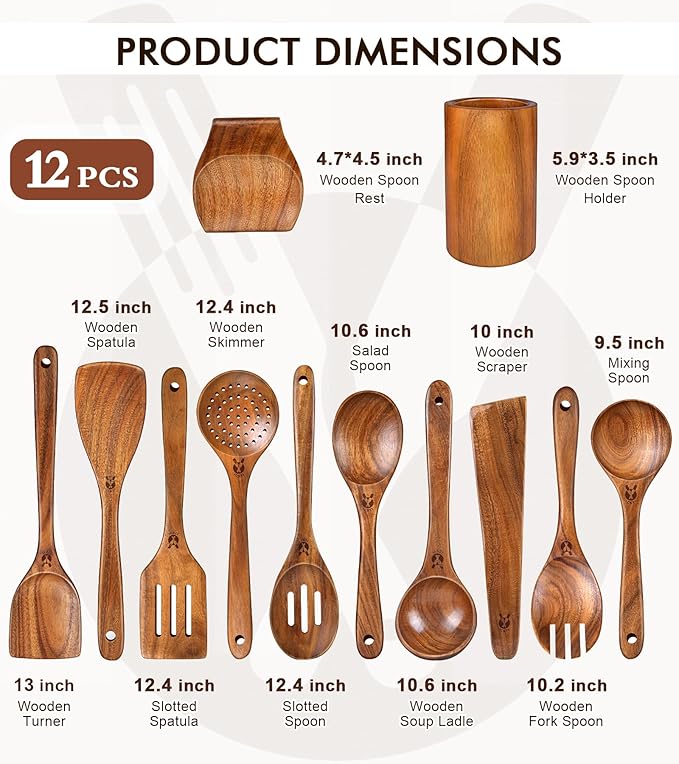 12 Pcs Teak Wooden Utensil Set - Image 3