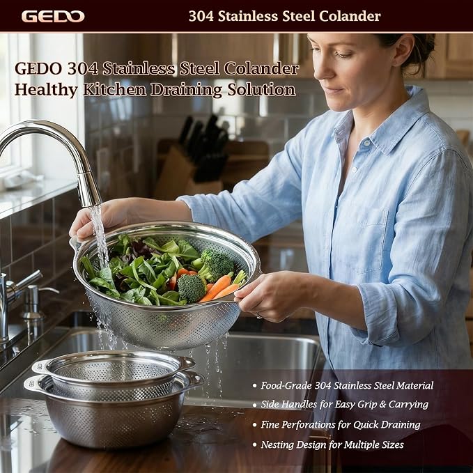 GEDO 304 Stainless Steel Colander Set, 3 Pack Kitchen Food Strainer - Image 2