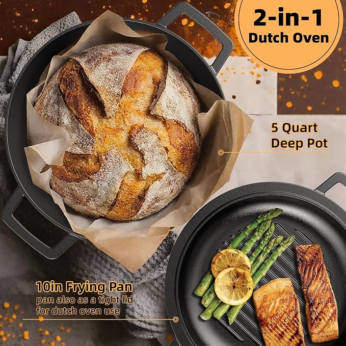 Cast Iron Dutch Oven Pot with Skillet Lid – Pre-Seasoned – Skillet Lid Cooking - Image 5