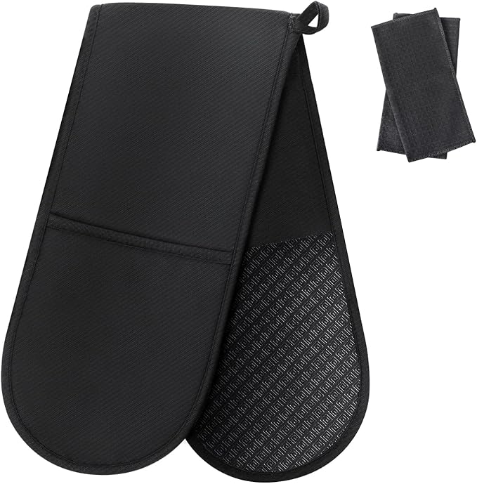 Philorn Black Double Oven Mitts，Heat Resistant 260℃ Waterproof Silicone Glove by Philorn