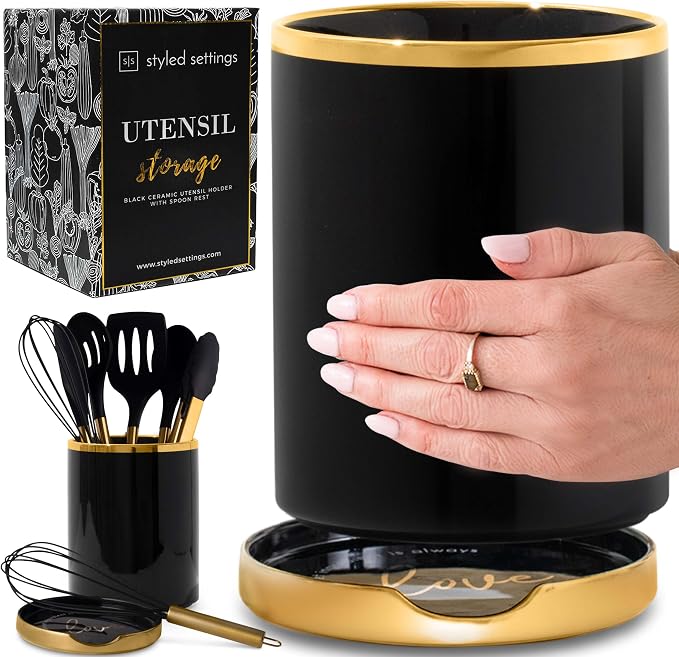 STYLED SETTINGS Black and Gold Utensil Holder by STYLEDSETTINGS