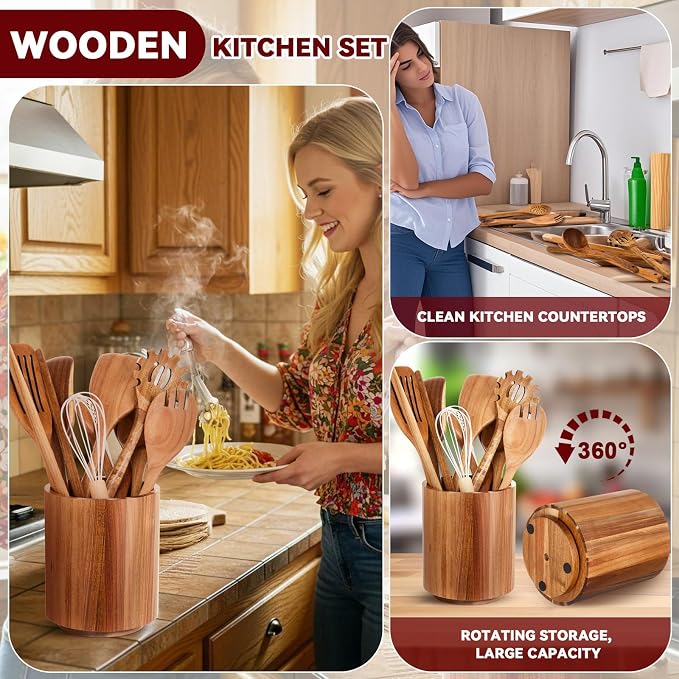 SiliFine 11 Pcs Wooden Kitchen Utensils Set - Image 3