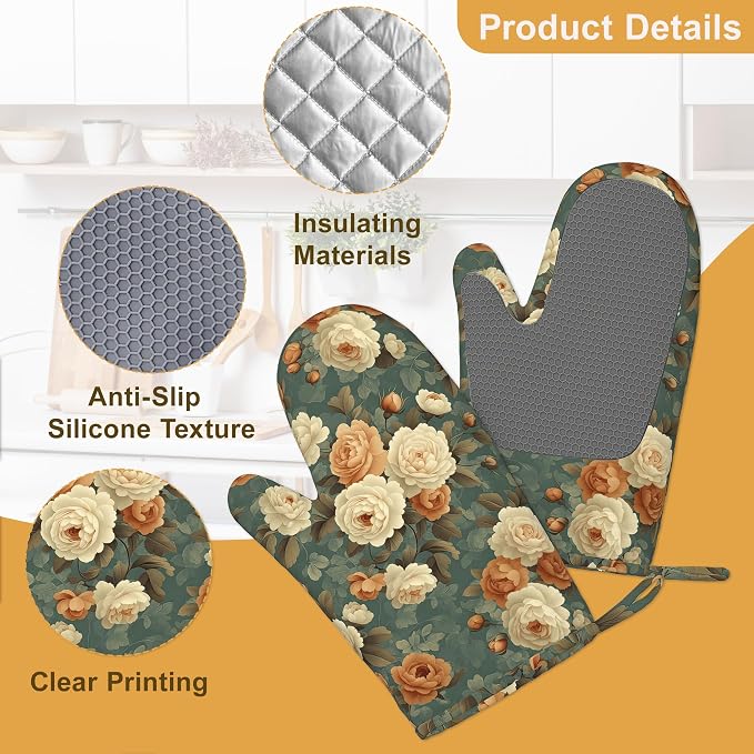 Vintage Rose Flower Oven Mitts and Pot Holders Set of 4, Retro Floral Kitchen - Image 3