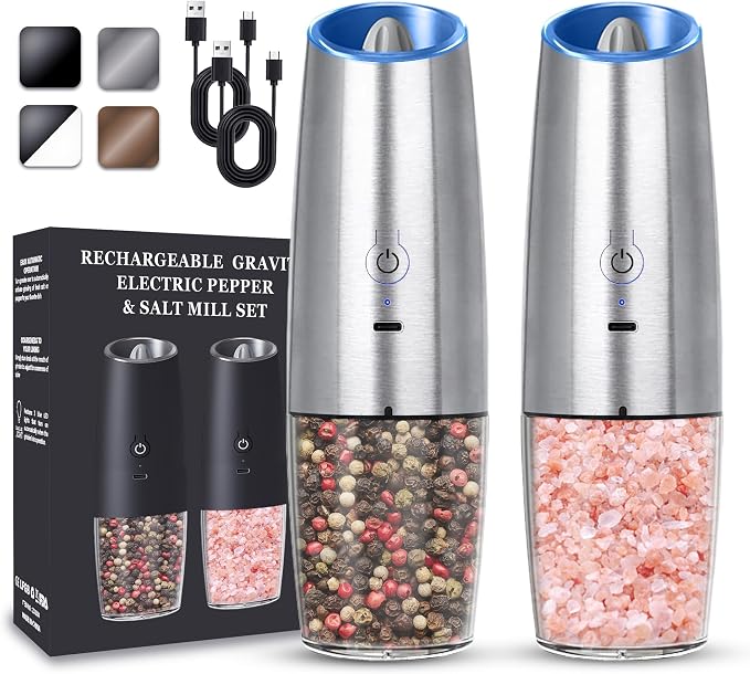 UNNEES Rechargeable Electric Salt and Pepper Grinder set of 2, gravity electric by UNNEES