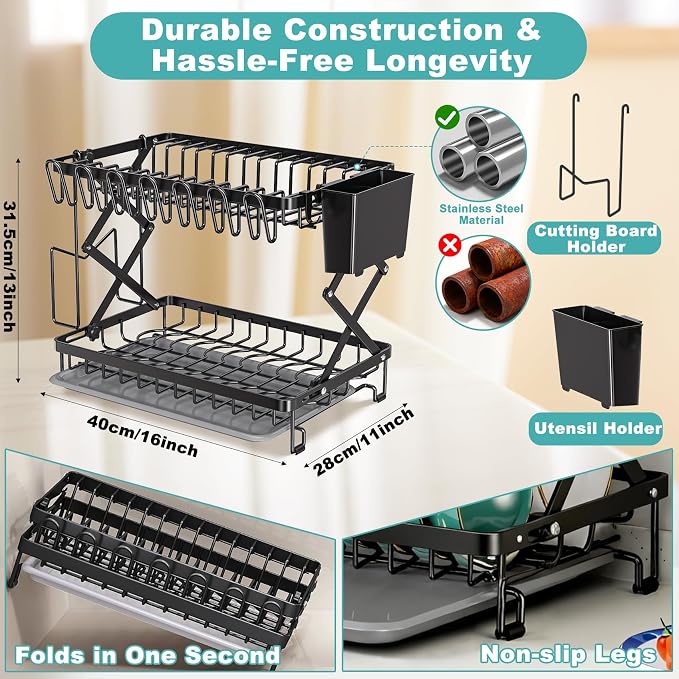 2-Tier Dish Racks for Kitchen Counter, Stainless Steel Kitchen Dish Drying Rack - Image 3