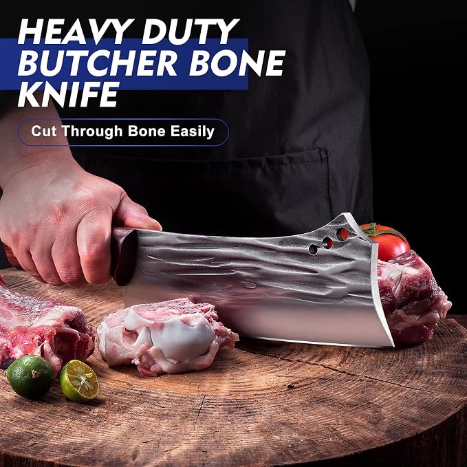 Topfeel 2PCS Meat Cleaver & Heavy Duty Bone Chopper Knife Set, Hand Forged - Image 3
