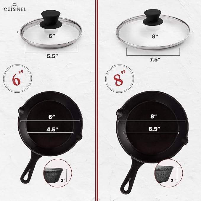 Cuisinel 6"+8"+10+12"-Inch Cast Iron Skillets Set + Glass Lids + Silicone - Image 2