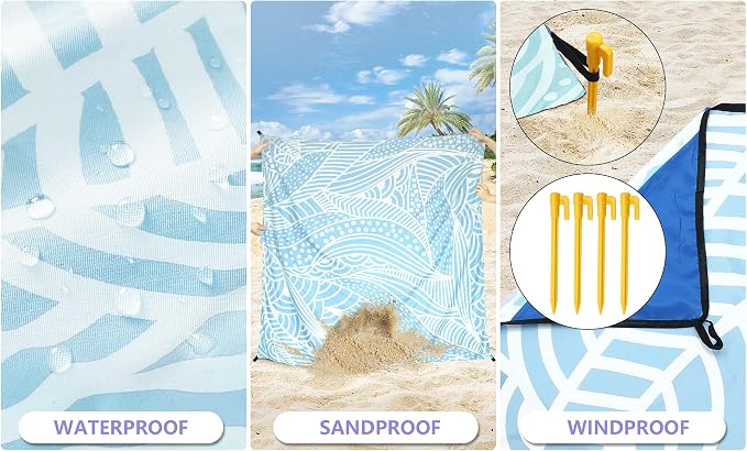 WIWIGO Beach Blanket Waterproof Sandproof Beach Mat 79" X 83"/10'x9'for 2-8 - Image 3
