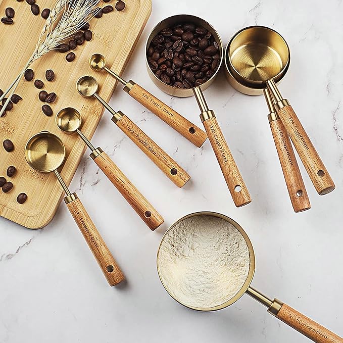 GuDoQi 8Pcs Gold Measuring Cups and Spoons Set, Wooden Handle, Premium - Image 7