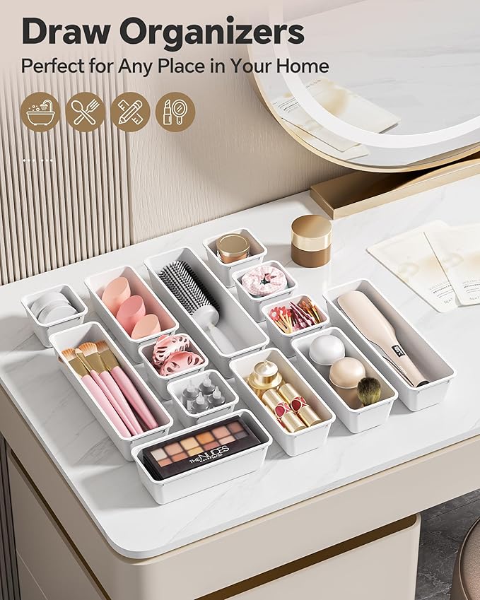 Canfanni 13 Pack Plastic Drawer Organizers Set, 3 Sizes Desk Drawer Organizer - Image 6