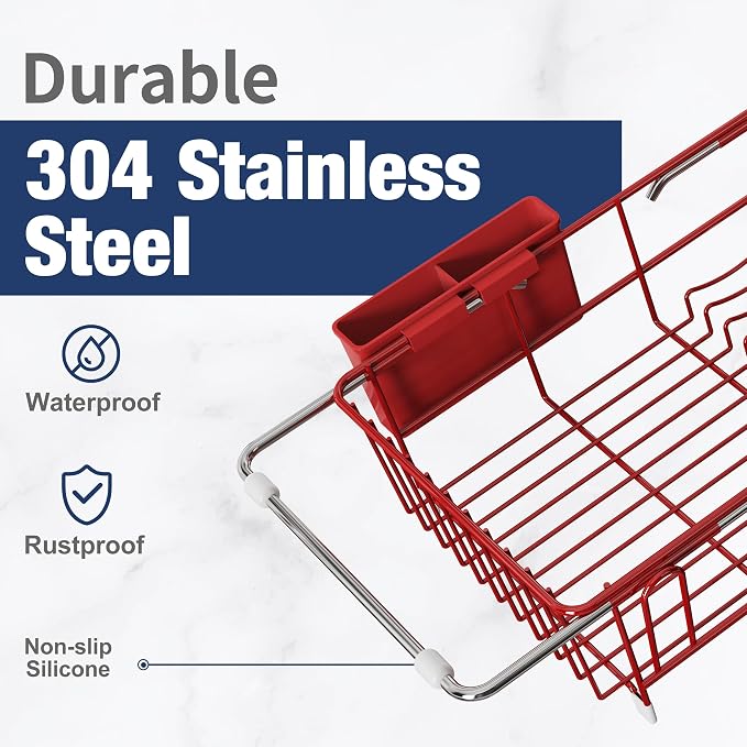 JASIWAY Red in Sink Dish Drying Rack, Expandable Stainless Steel Small Dish - Image 3