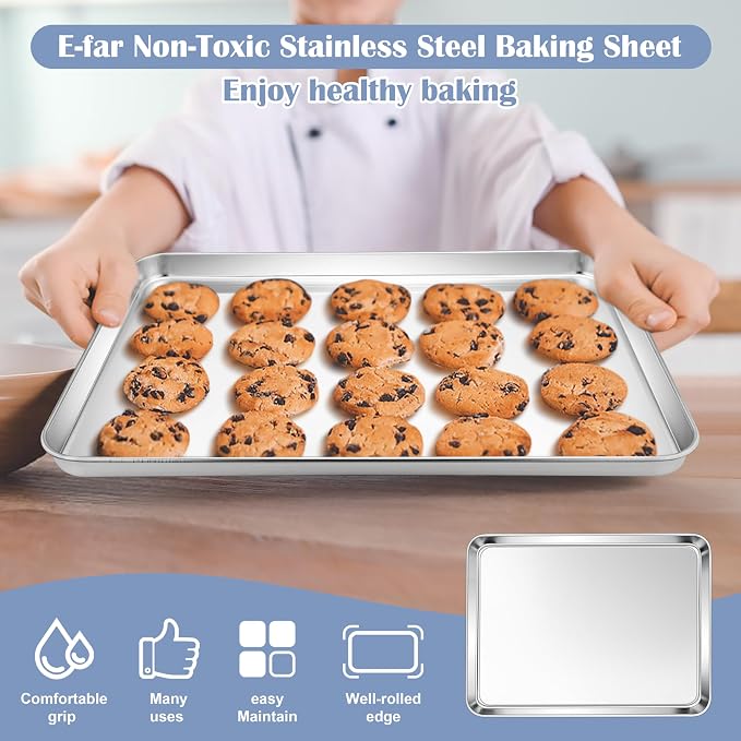 E-far Stainless Steel Baking Sheets Set of 3, 12.4” x9.7” Baking Cookie Sheets - Image 6