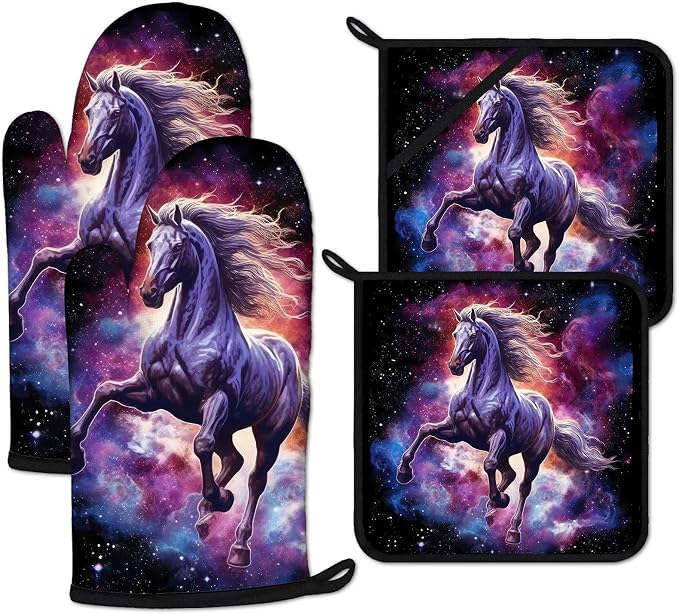 Horse Purple Galaxy Space Oven Mitts and Pot Holders Sets Heat Resistant 4Pcs by ANTJOO