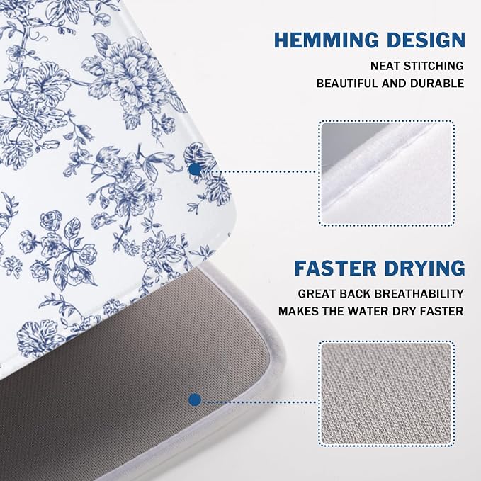 Blue Floral Dish Drying Mat for Kitchen Counter Chinoiserie Flower Microfiber - Image 4