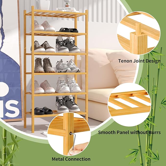 ROMGUAR CRAFT 6-Tier Bamboo Small Shoe Rack, Free Standing Wood Shoe Shelf - Image 5