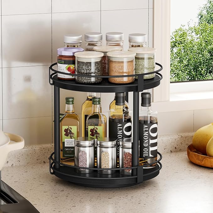 Snughome Lazy Susan Spice Rack, 2 Tier Rotating Spice Rack, Wood Lazy Susan - Image 3