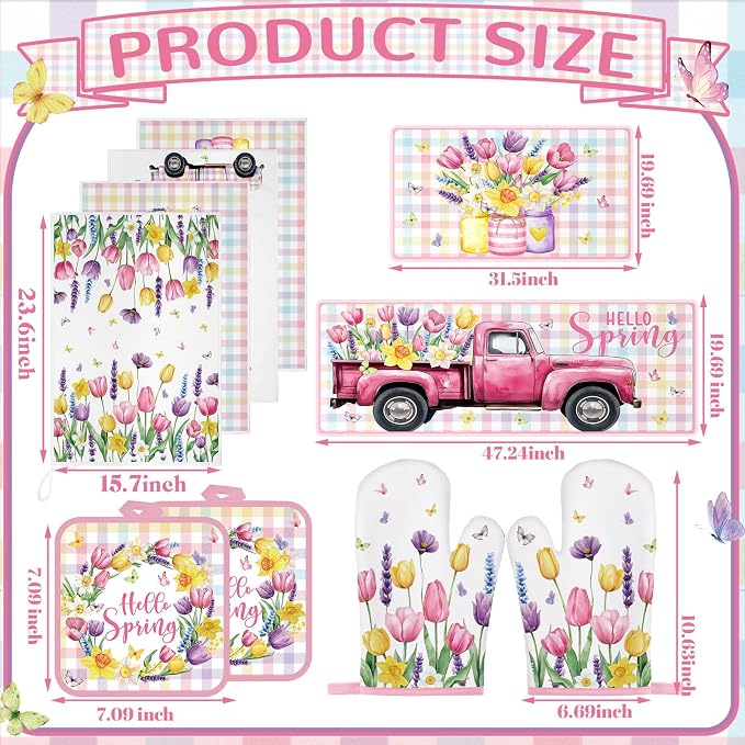 Fourluoo 10 Pcs Spring Flower Farmhouse Kitchen Decor Set Dish Towels Kitchen - Image 3