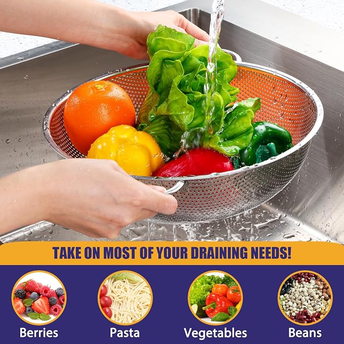 E-far 5-Quart Stainless Steel Colander, Micro-Perforated Metal Colander Strainer - Image 3