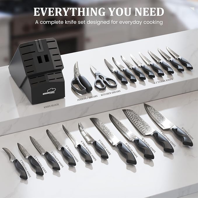 Amorston 22 Pieces Knife Set, Laser Engraved High Carbon Stainless Steel Knife - Image 2