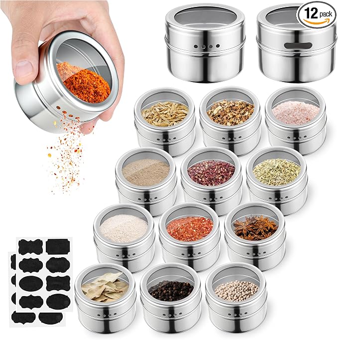 12pcs Stainless Steel Spice Jars, Magnetic Condiment Tins Magnetic Spice Jar by Unknown