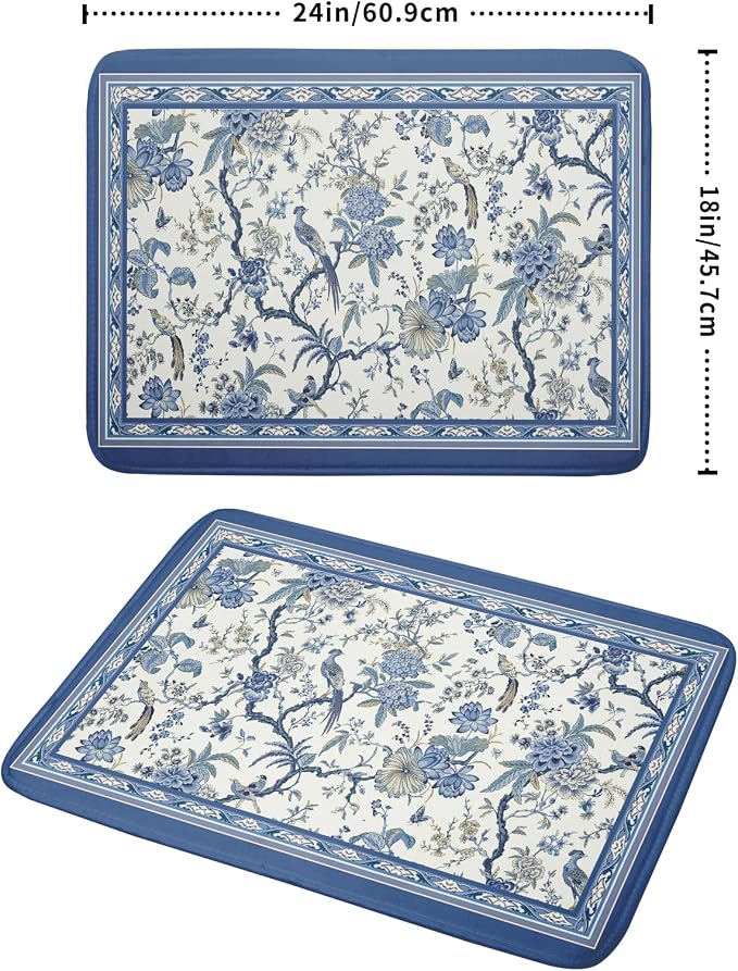 Giwawa Chinoiserie Dish Drying Mat 18x24in Blue White Oriental Floral Birds - Image 2