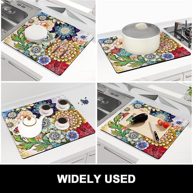Rnivvi Dish Drying Mat for Kitchen Counter, 16 x 18" Cute Flower Theme - Image 7